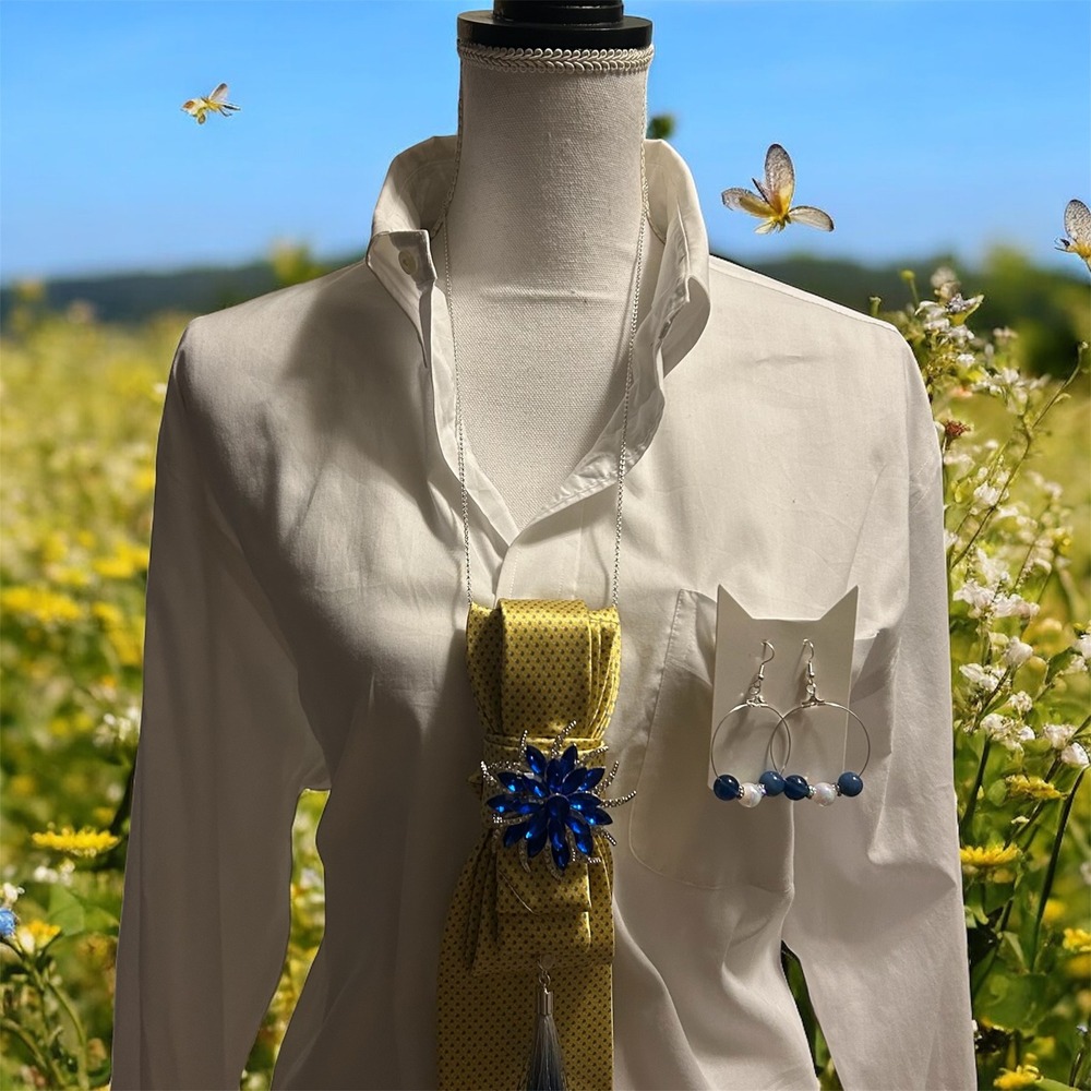 Michael Kors Upcycled Silk Tie Statement Necklace & Beaded Hoop Earring Set Blue - Picture 7 of 12